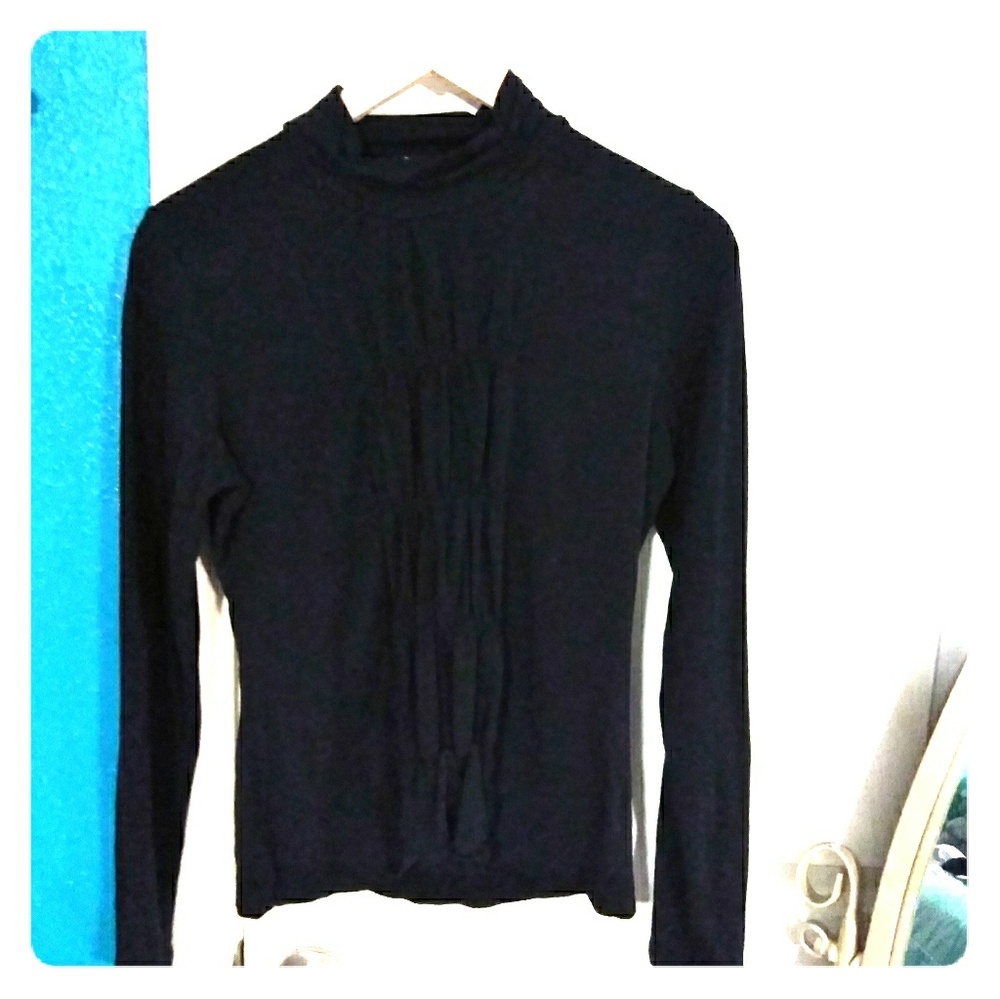 Black top with a gathered front and high neck